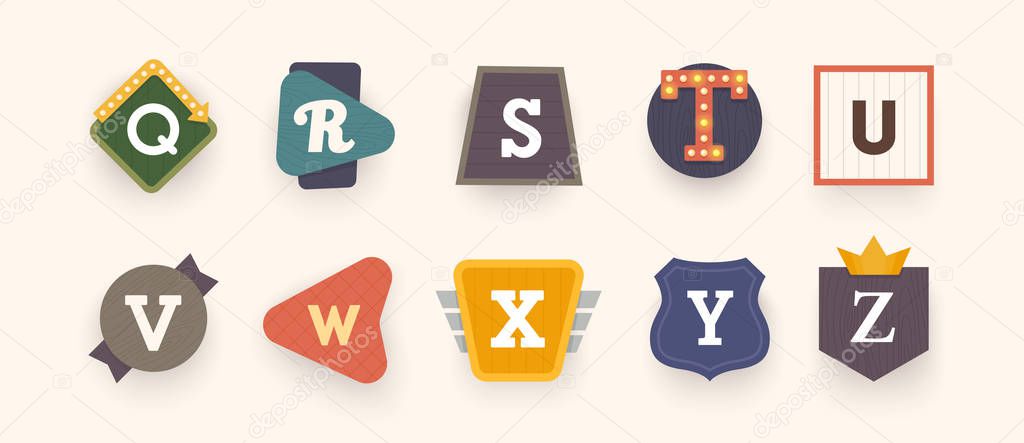 Retro font. Letters on vintage style. Retro signs. Alphabet. Vintage label, emblem and logo. Vector illustration