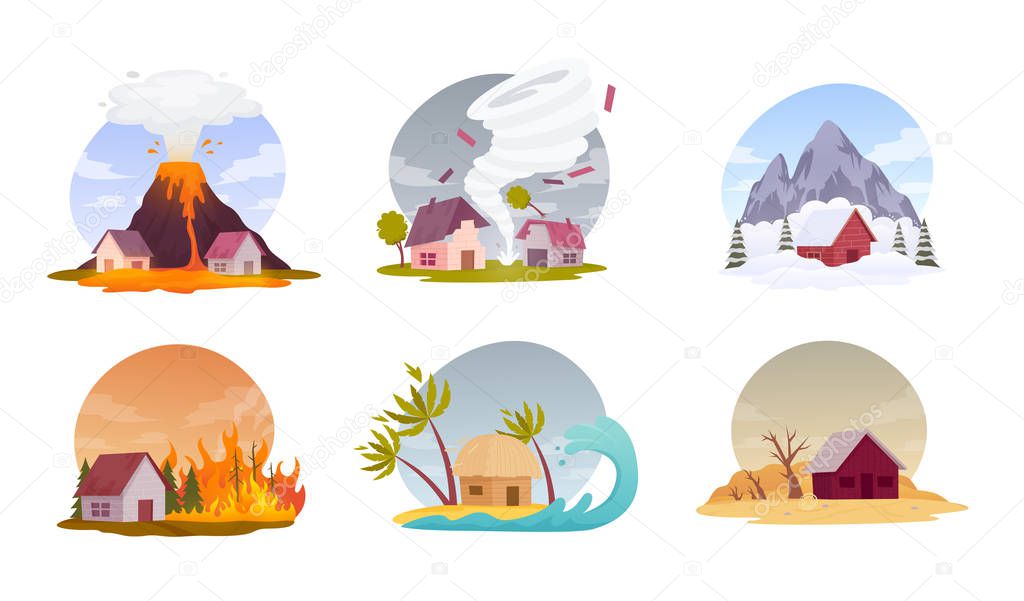 Natural disasters. Collection images with cataclysms volcanic eruption, hurricane, snow avalanche, forest fire, flood and drought. Isolated vector illustration