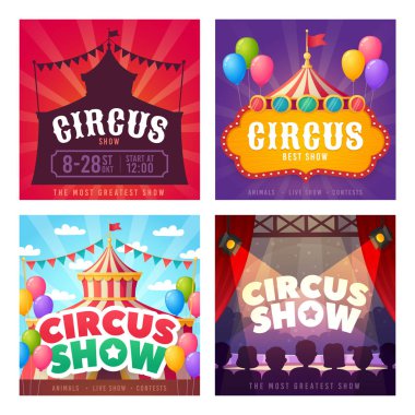 Circus card set. Promotion banners square shape on theme Circus. Design of advertising in social networks. Carnival, show. Vector cartoon illustration