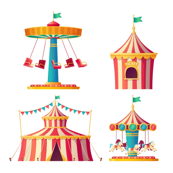 Elementi di circo impostati. Tenda da circo, giostrine, cashbox su sfondo bianco. Illustrazione vettoriale — Vettoriale Stock
