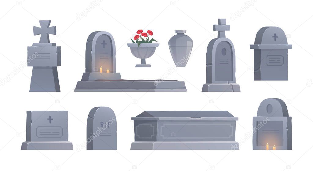 Graves set. Cemetery elements. Graveyard tombstone. Funerary urn. Urn for ashes. Vector isolated illustration 
