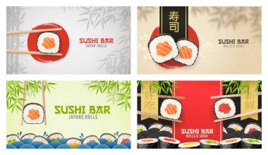 Asian Food poster. Sushi ads. Poster of Sushi Restaurant. Vertical flyer. Realistic vector illustration. Translation Sushi bar