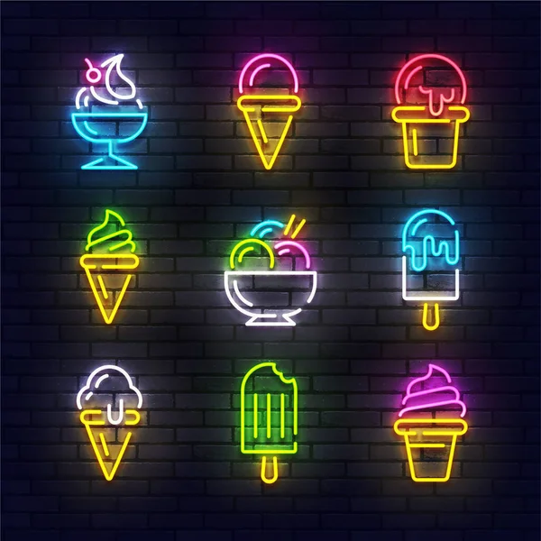 Señal de neón de helado, letrero brillante, banner de luz. Conjunto de neón icono de helado. Ilustración vectorial — Vector de stock