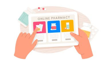İnternetteki eczane. İnsan eli tablet tutuyor ve hap alıyor. İnternet üzerinden sağlık hizmeti eczanesi konsepti. Açık tıbbi uygulama konseptine sahip ekran