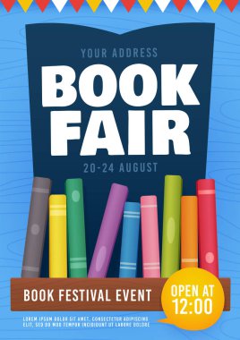 Kitap Fuarı davetiyesi. Kitaplık. Kitap Festivali posteri. Vektör illüstrasyonu