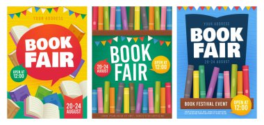 Kitap Fuarı davetiyesi. Kitaplık. Kitap Festivali broşürü. Vektör illüstrasyonu