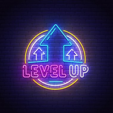 Seviye işareti, parlak tabela, ışık panosu. Oyun açılışı. Oyun logosu neon, amblem. Vektör illüstrasyonu