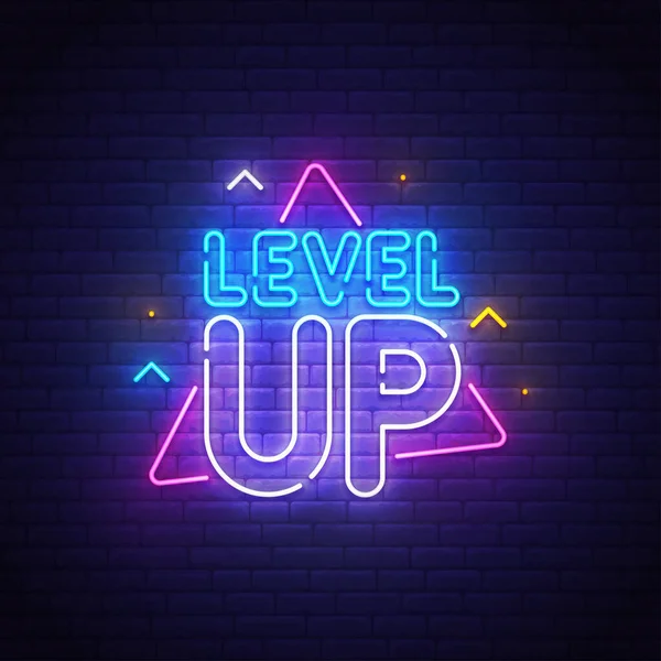 Oyun açılışı. Seviye işareti, parlak tabela, ışık panosu. Oyun logosu neon, amblem. Vektör illüstrasyonu