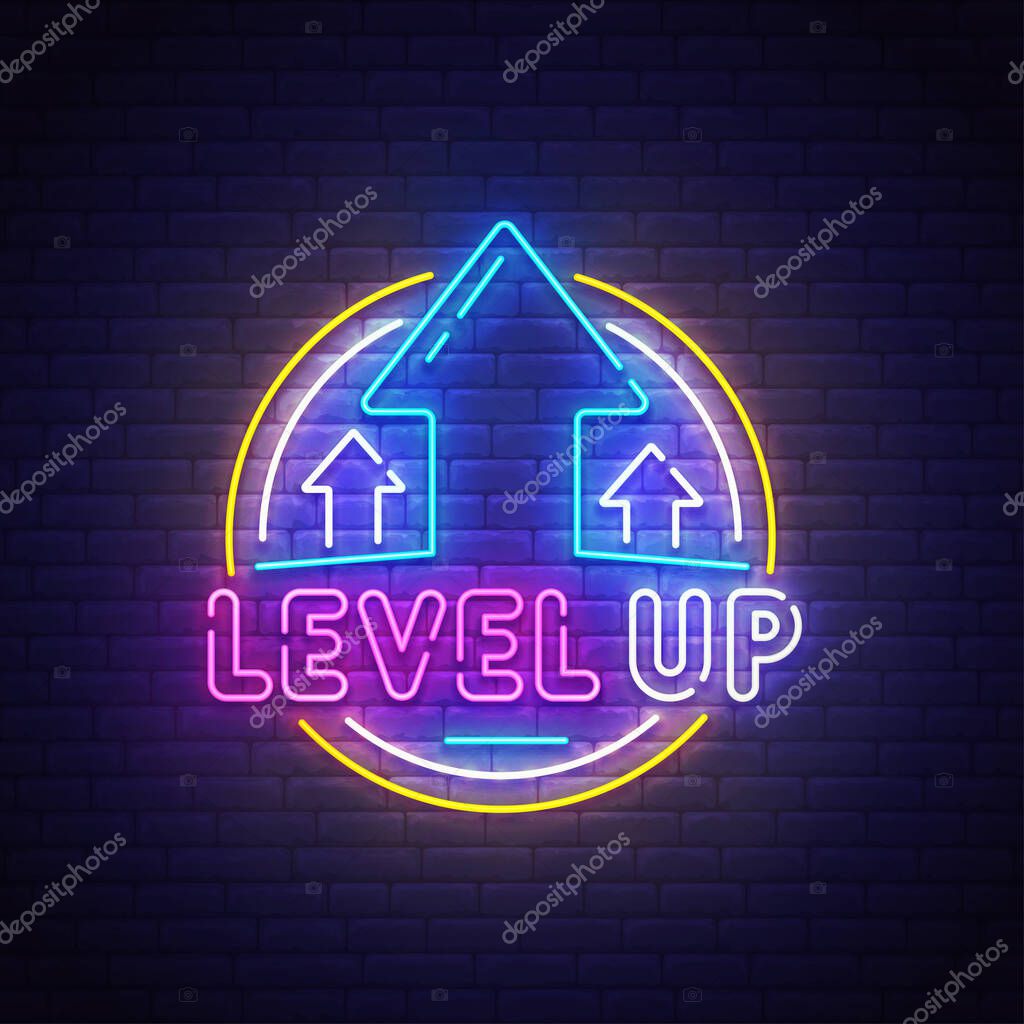 Level up neon sign, bright signboard, light banner. Game popup. Game logo neon, emblem. Vector illustration