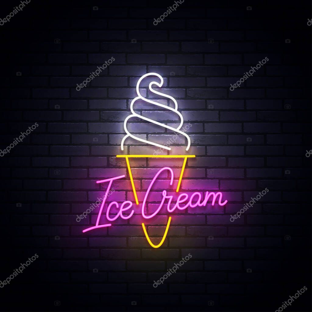 Ice Cream neon sign, bright signboard, light banner. Ice Cream logo neon, emblem and label. Vector illustration