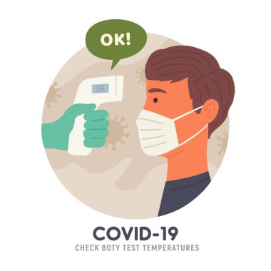 Body temperature check before entry. Non-contact thermometer. COVID-19. Coronavirus. Vector illustration clipart