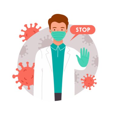 Koronavirüsü durdurun. Doktor el hareketi gösteriyor. Dur. COVID-19. Konsept - Koronavirüsü durdurun. Maskeli doktor. Vektör illüstrasyonu