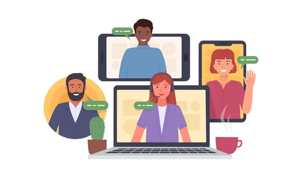 Videoconferentie. Collega 's die deelnemen aan videovergadering thuis. Virtuele werkvergadering. Software voor online communicatie. Vectorillustratie — Stockvector