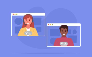 Video konferansı. İş arkadaşları evdeki video konferansına katılıyor. Evden çalışıyorum. Çevrimiçi iletişim yazılımı. Vektör illüstrasyonu