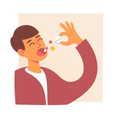 Adam ilaç alıyor. Haplar ağızda. Hapları yutan bir adam. Hastalık tedavisi. İlaç ve vitamin. Vektör illüstrasyonu