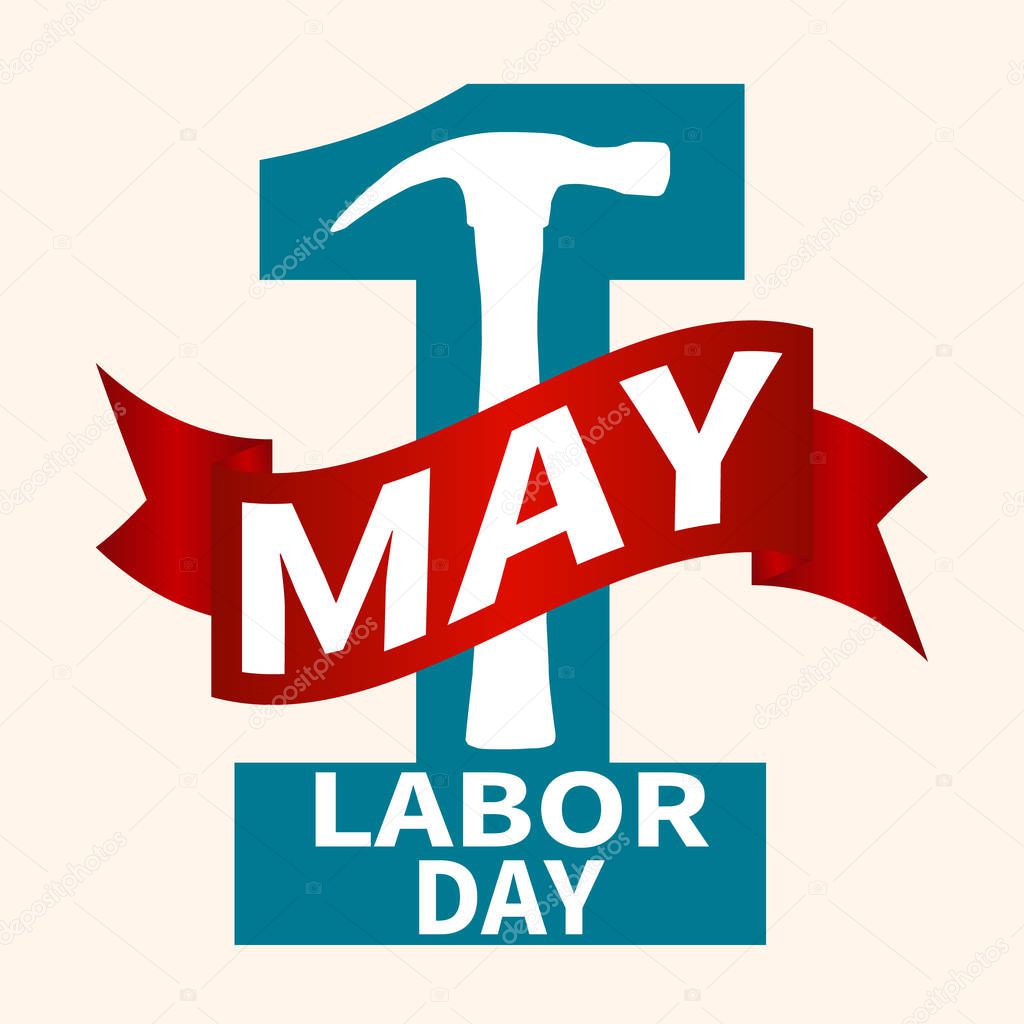 1 May. Labor Day.Vector illustration with a blue number and a red ribbon on a light background.