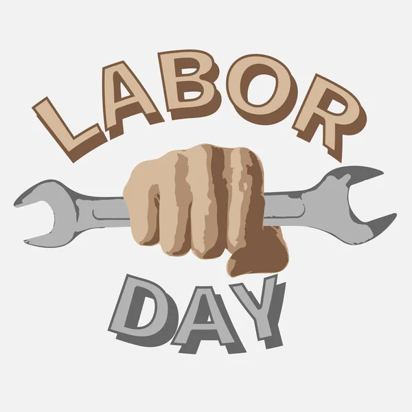 1 maj. Labor Day.Vector illustration med en skiftnyckel i en näve på vit bakgrund — Stock vektor