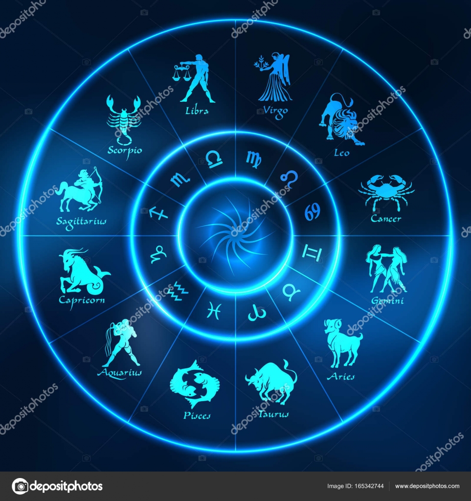 Blue neon horoscope circle.Circle with signs of zodiac.Vector Stock ...