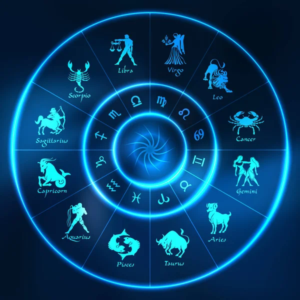 Blauwe neon Horoscoop cirkel. Cirkel met tekenen van dierenriem. Vector — Stockvector