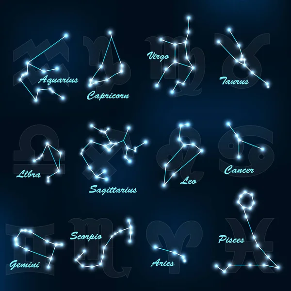 Blå neon horoskop. En uppsättning vektor zodiakens tecken — Stock vektor