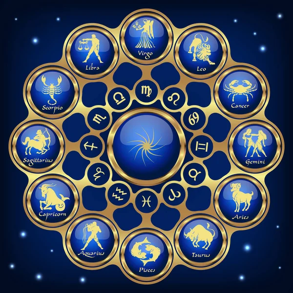 Blue gold horoscope circle.Circle with signs of zodiac.Vector — Stock Vector