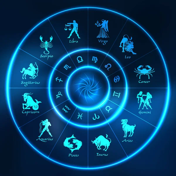 Horoscope néon bleu cercle.Cercle avec signes de zodiac.Vector — Image vectorielle