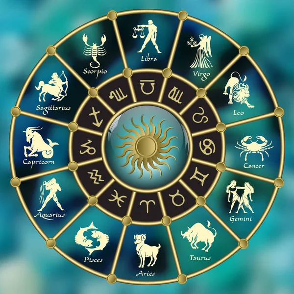 Círculo de horóscopo azul-dourado.Círculo com sinais de zodíaco. —  Vetores de Stock