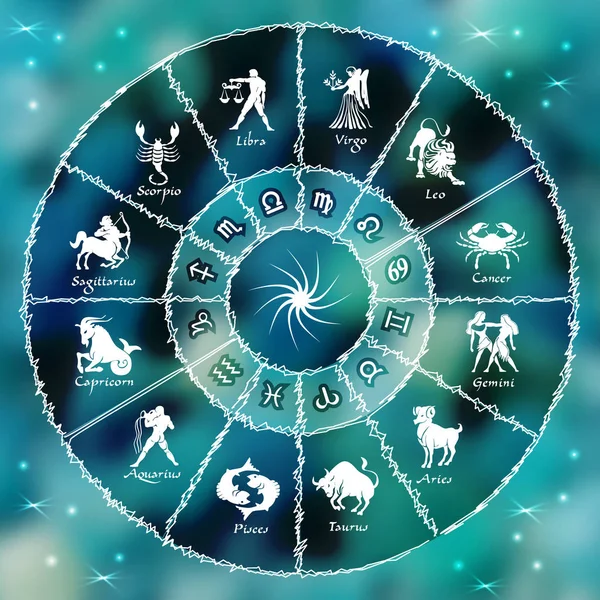 Cerchio blu dell'oroscopo al neone.Cerchio con segni di zodiaco. — Vettoriale Stock