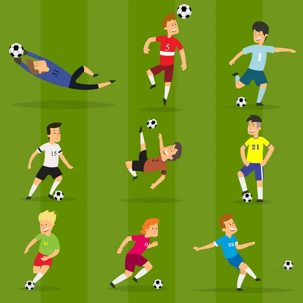 A színes labdarúgó játékosok a különböző álláspontok fociznak zöld mezőn — Stock Vector