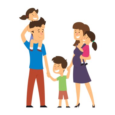 Mutlu bir aile. Baba, anne, oğul ve kız birlikte. Düz tasarımın vektör illüstrasyonu