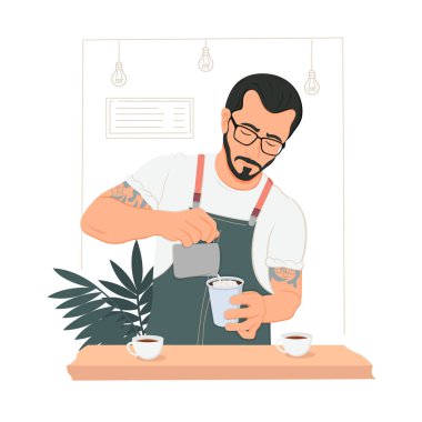 Barista kahveye süt döker..