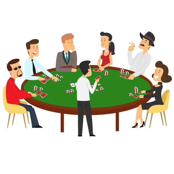 People play poker at the table. Dealer deals cards. — 스톡 벡터