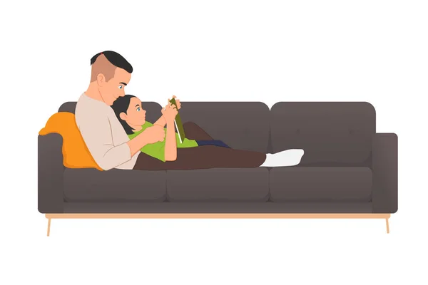 Father is reading a book to his daughter — 스톡 벡터