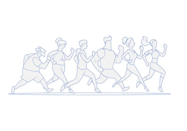 Personas de diferentes edades corriendo tren preparándose para una maratón . — Vector de stock