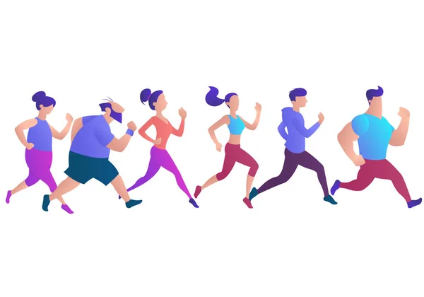 Persone di età diverse che corrono in treno preparandosi per una maratona . — Vettoriale Stock