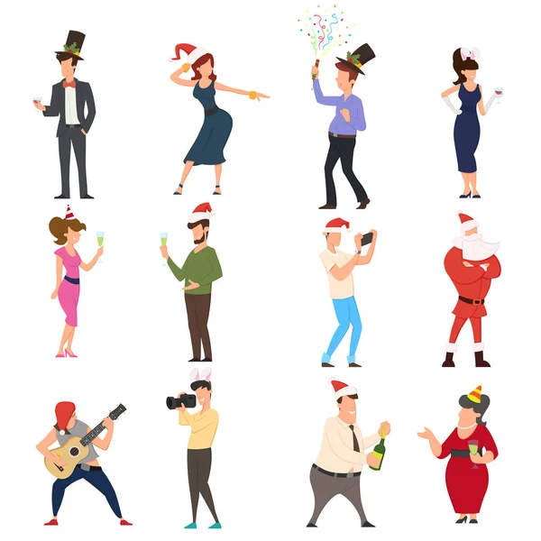 Conjunto de pessoas dos desenhos animados dançando celebrando as pessoas se divertindo na festa de ano novo . —  Vetores de Stock