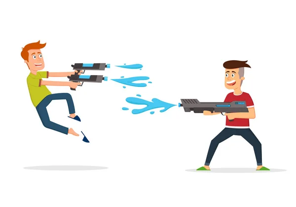 Dois meninos se divertindo atirando uns nos outros com armas de água de brinquedo . —  Vetores de Stock