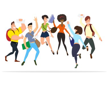 Farklı ırk ve kültürlerden genç insanlar birlikte sevinir, zıplar ve hayatın tadını çıkarırlar..