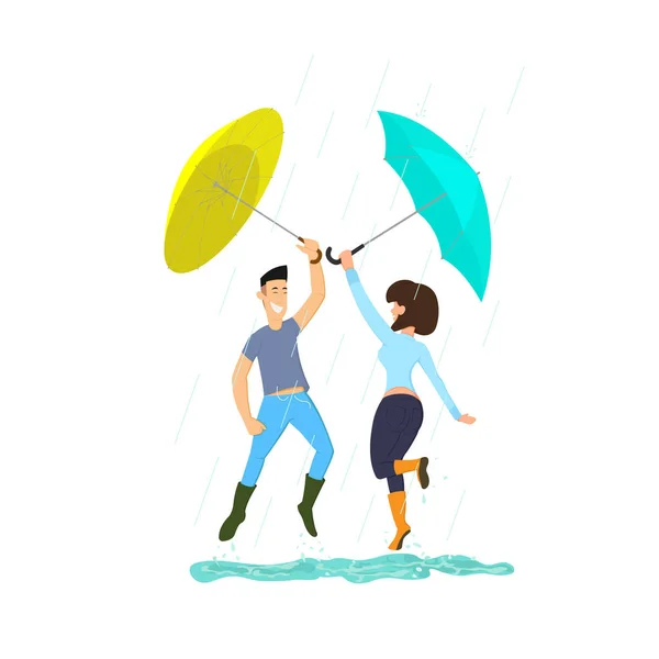 Les jeunes sautent et se réjouissent sous la pluie . — Image vectorielle
