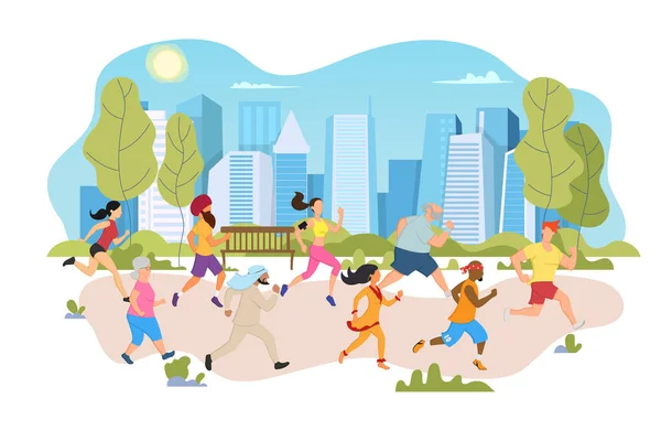 Gente de diferentes razas y culturas corre una maratón conjunta en un parque de la ciudad . — Archivo Imágenes Vectoriales