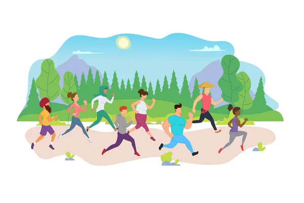 異なる人種や文化の人々が都市公園で共同マラソンを実行します. — ストックベクタ