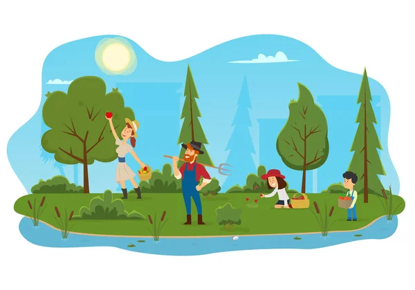 Jordbrukare och hans familj arbetar på gården. Stockillustration