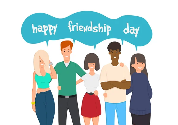 Happy friendship day greeting card with diverse friend group of people hugging together for special event celebration. Stock Vector