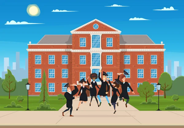 Šťastní absolventi skákat a radovat se na nádvoří před univerzitou. Royalty Free Stock Vektory