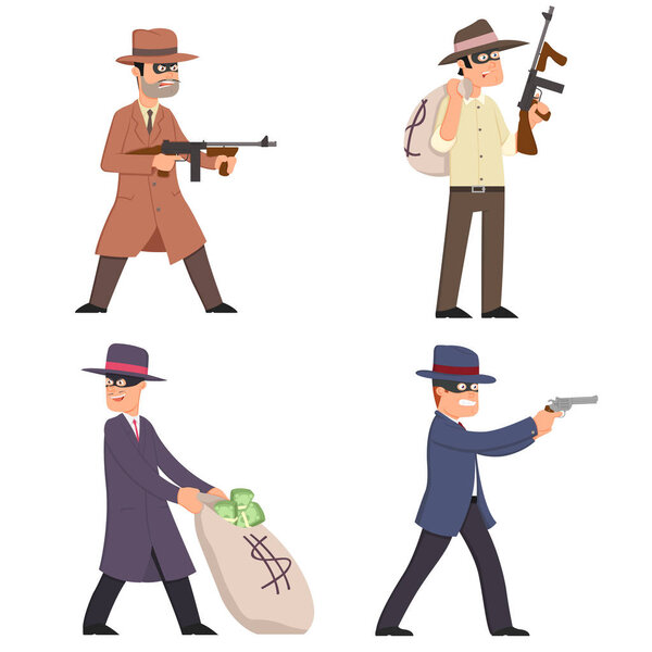 гангстеры с оружием в костюмах, масках и шляпах
.
