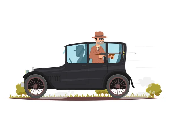 The gangsters run away on a retro car after the robbery and are shot from a Thompson machine gun. — Stock Vector