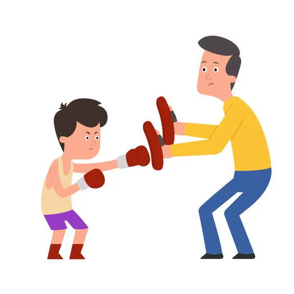 Το παιδί εκπαιδεύεται να πυγμαχεί με τον εκπαιδευτή. — Διανυσματικό Αρχείο