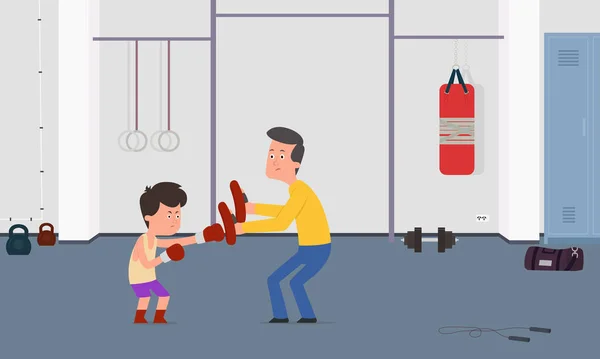 El niño está siendo entrenado para boxear con el entrenador en el gimnasio . — Archivo Imágenes Vectoriales