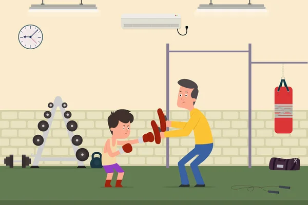 Das Kind wird trainiert, mit dem Trainer in der Turnhalle zu boxen — Stockvektor