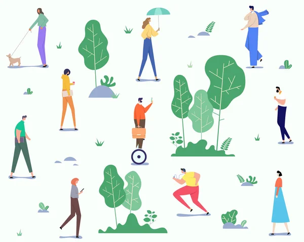 Precioso patrón de paisaje de verano con un grupo de personas que pasan tiempo libre al aire libre en el parque, disfrutando de la naturaleza, trotando y más . — Vector de stock